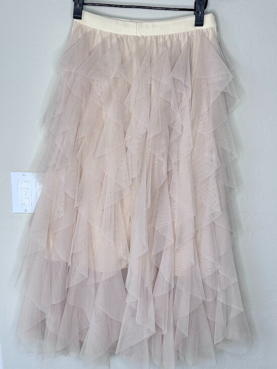 Blush Pink Tiered Tulle Midi Skirt | Romantic Flowy Ruffle Skirt | Elastic Waist - Picture 3 of 7